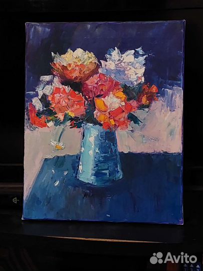 Картина маслом на холсте,пионы в вазе