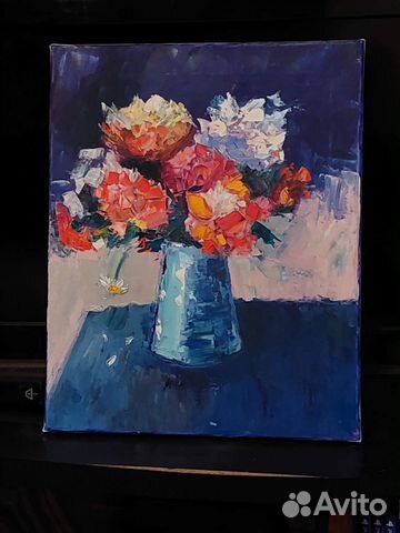 Картина маслом на холсте,пионы в вазе