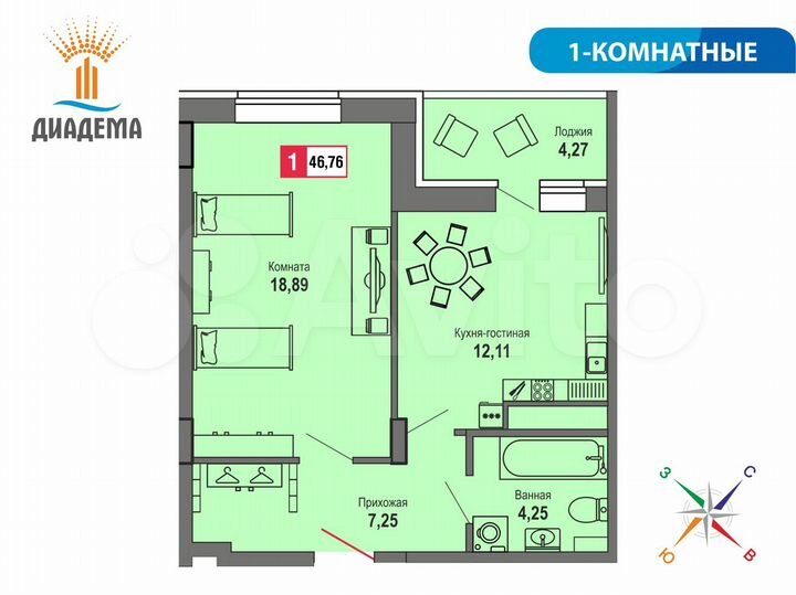 1-к. квартира, 46,8 м², 7/22 эт.