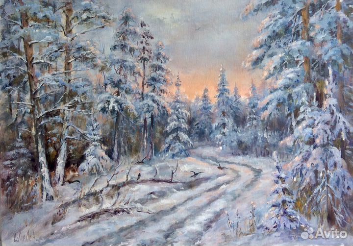 Картина маслом Плутовка, зимний пейзаж