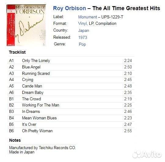 Roy Orbison - The All Time Greatest Hits, Japan