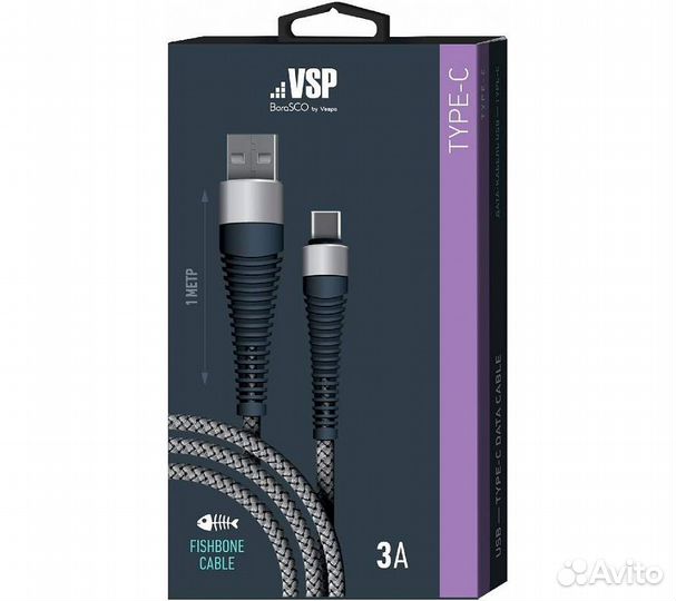 Дата-кабель borasco USB - Type C, 3А, 1м, Fishbone