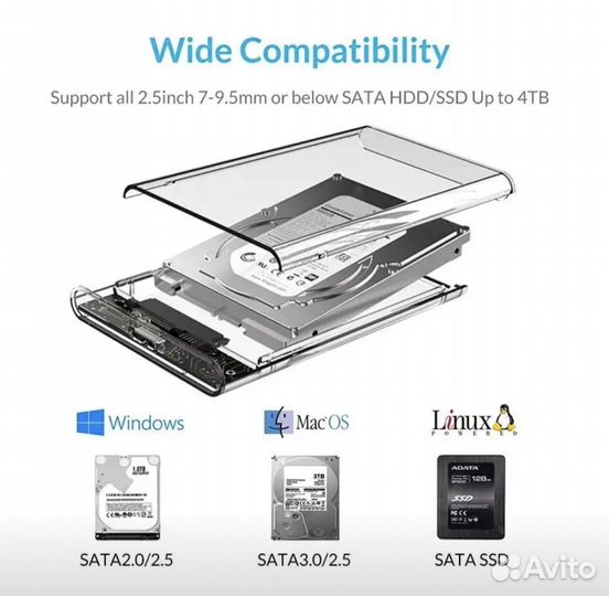 Внешний бокс для ssd / hdd прозрачный SATA 2.5