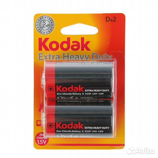 Батарейка солевая Kodak Super Heavy Duty, D, R20-2BL, 1.5В, блистер, 2 шт