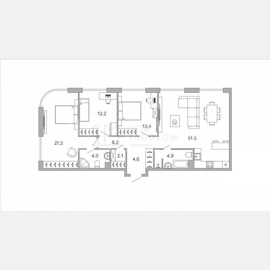 3-к. квартира, 100,9 м², 2/6 эт.