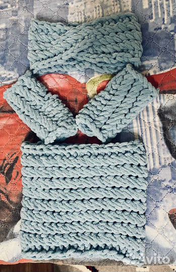 Снуд для девочки + повязка + митенки