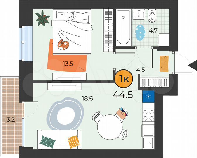 1-к. квартира, 44,3 м², 12/18 эт.