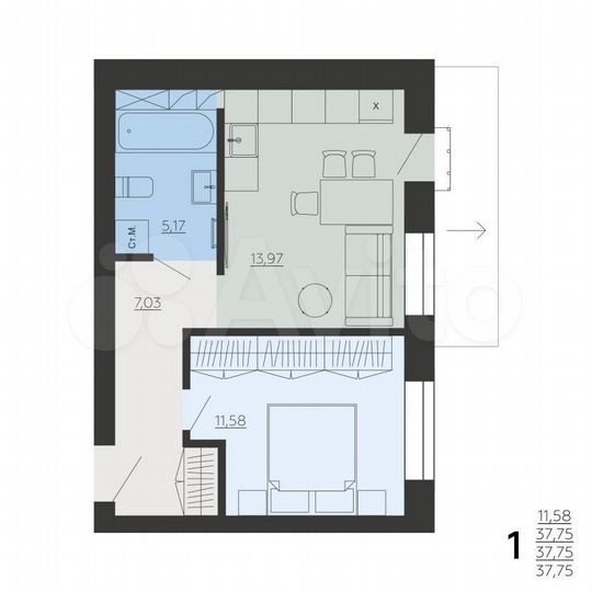 1-к. квартира, 37,8 м², 5/6 эт.