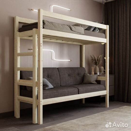 Кровать чердак с диваном из массива