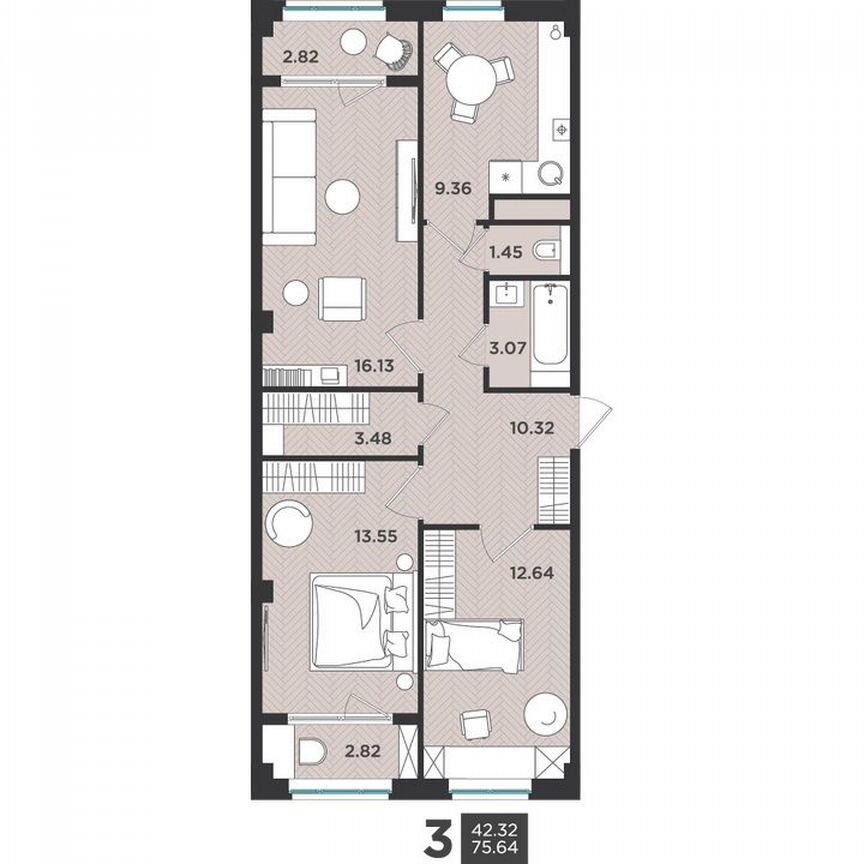 3-к. квартира, 75,6 м², 1/4 эт.