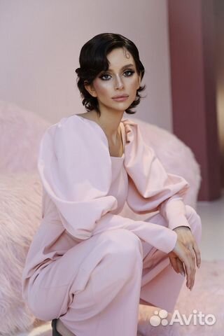 Брючный комбинезон с рукавами-буфами пудровый S