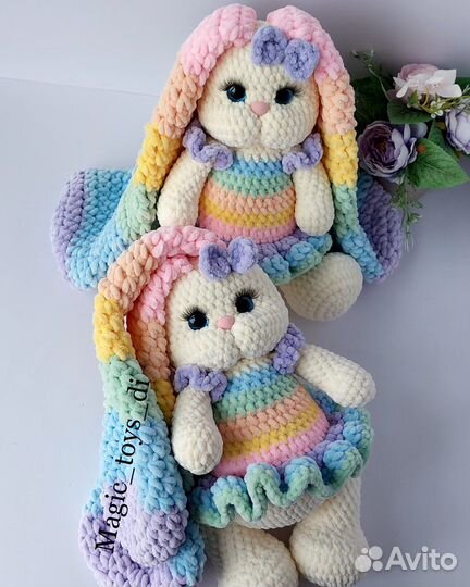 Вязаные именные игрушки плюшевая зайка с метрикой