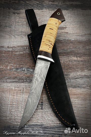 Нож филейный Касатка малая дамаск береста