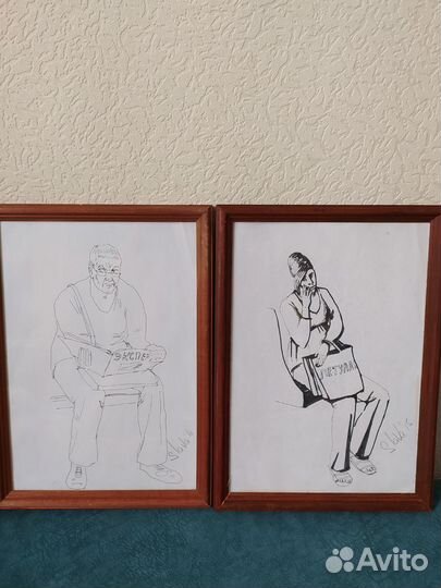 2 картины скетчи рисунки в рамках,с подписью