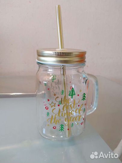 Стакан стекло с трубочкой и крышкой Happy new year