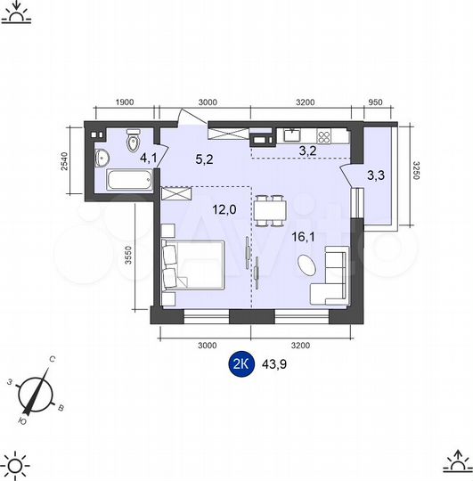 2-к. квартира, 43,9 м², 3/10 эт.