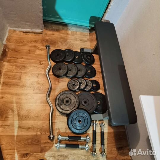 Скамья, штанга, гриф и блины