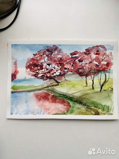 Картина пейзаж сакура акварель 30*21см