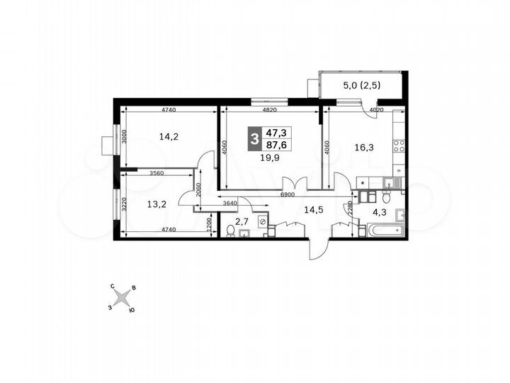 3-к. квартира, 87,6 м², 21/22 эт.