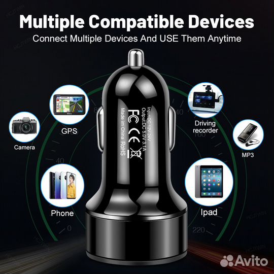 Автозарядка (2 в 1) 2 порта USB (дисплей)