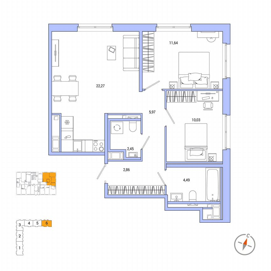 2-к. квартира, 59,7 м², 1/7 эт.