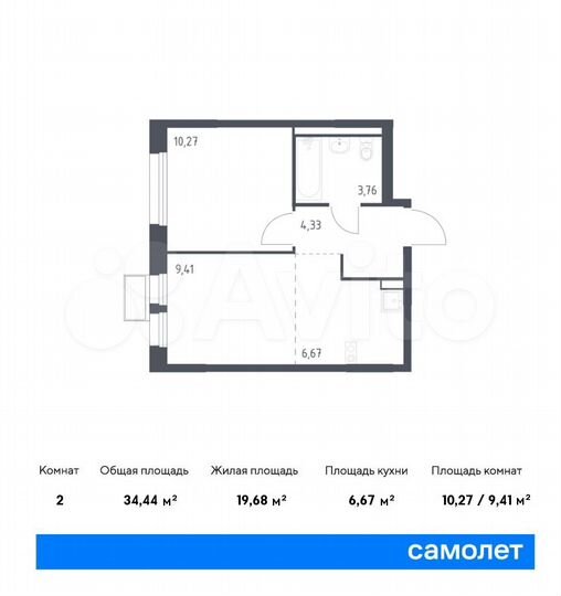 2-к. квартира, 34,4 м², 15/17 эт.