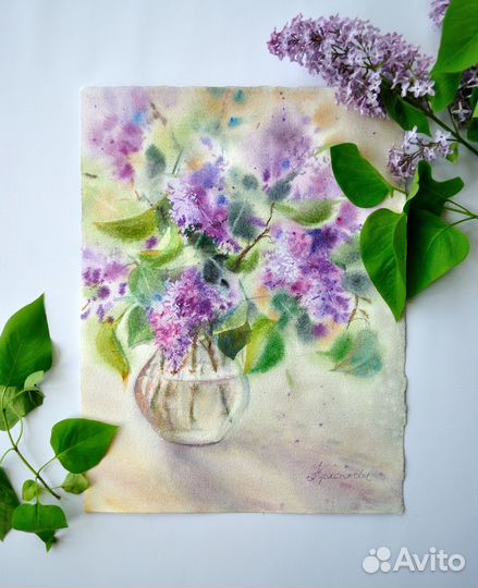 Картина Сирень в стеклянной вазе, цветы акварель