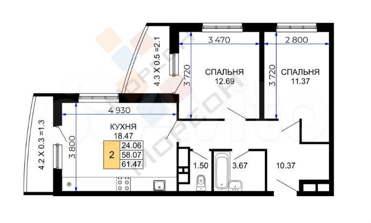 2-к. квартира, 61 м², 12/24 эт.