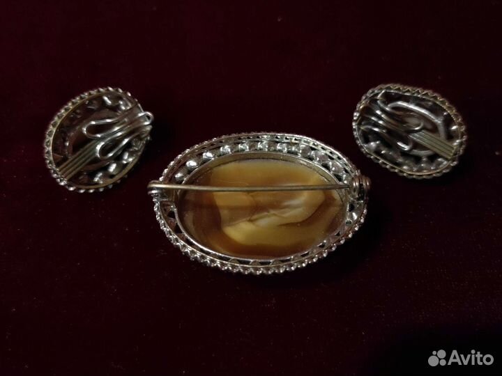 Винтажные брошь и серёжки-клипсы тигровый глаз