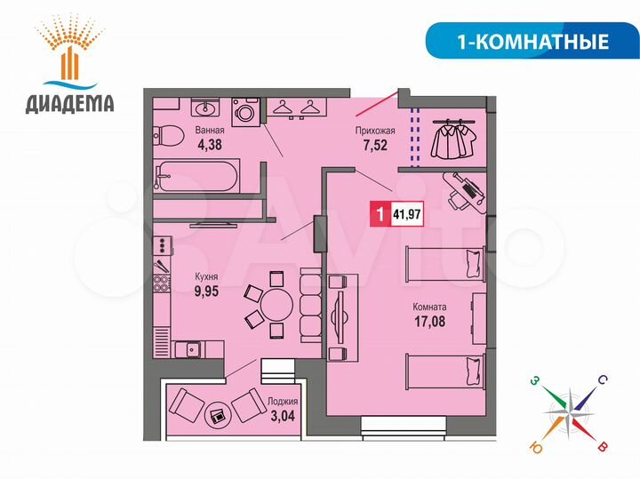 1-к. квартира, 42 м², 21/22 эт.