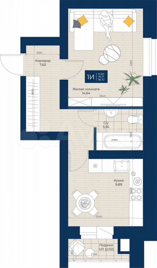 1-к. квартира, 36,7 м², 2/5 эт.