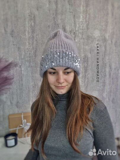 Шапка пух норки вязанная женская блестящая