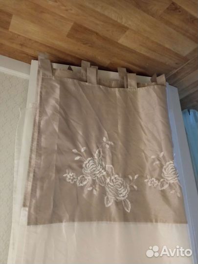 Шторы с вышивкой розы серо-бело-бежевый на петлях