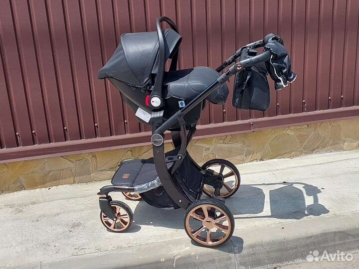 Коляска 3в1 Кожа black твёрдый блок (Новинка)