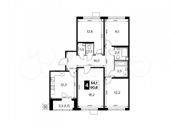 4-к. квартира, 90,7 м², 11/14 эт.