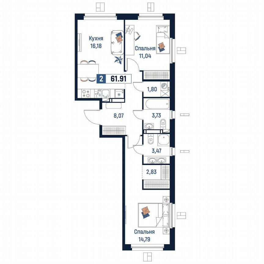 2-к. квартира, 61,9 м², 9/18 эт.