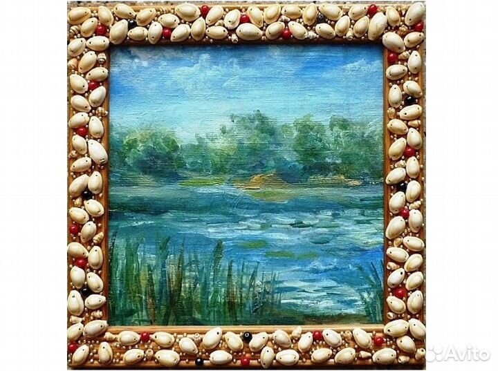 Картина 32 х 32 см, холст, рамка, ракушки