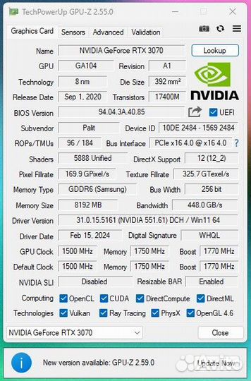 Видеокарта Palit RTX 3070 gamingpro OC 8gb