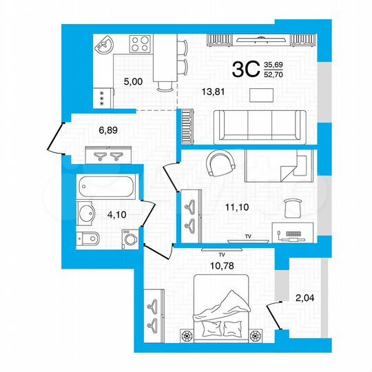 3-к. квартира, 52,7 м², 20/22 эт.