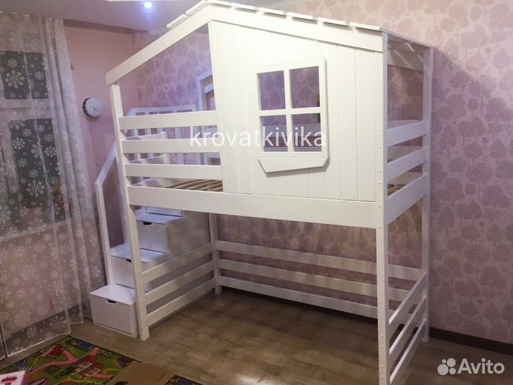 Детская Эко кровать чердак домик из массива