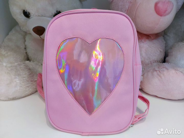 Рюкзак голографический с сердечком розовый