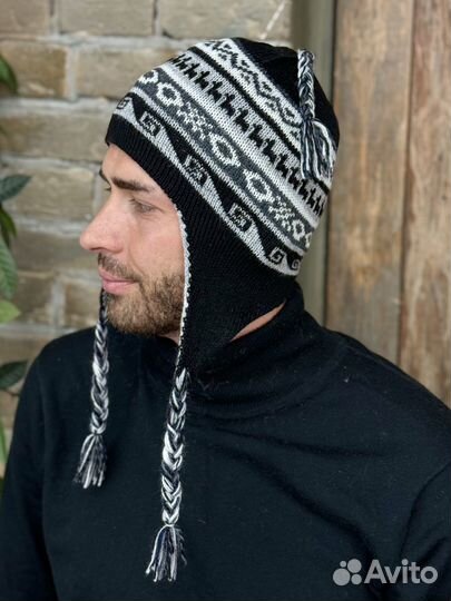 Мужская шапка Перу шерсть альпака Чульо двусторонняя цвет серо-черный