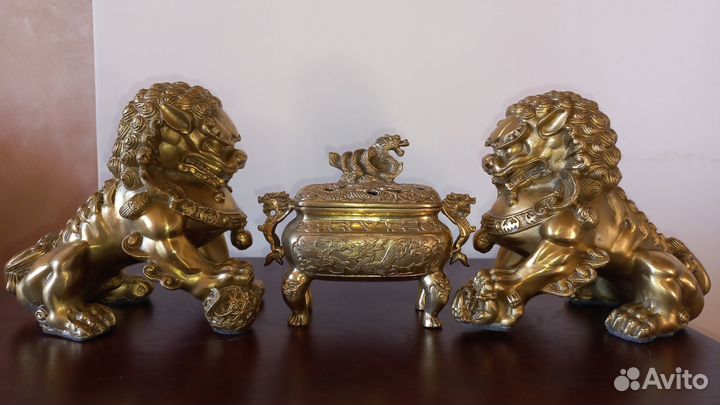 Старинные Бронзовые статуэтки Львы Стражи