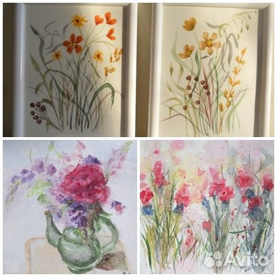 Картины акварель цветы пейзаж кошки птицы этюды