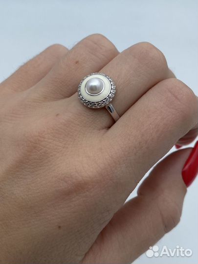 Кольцо серебро 925 жемчуг эмаль