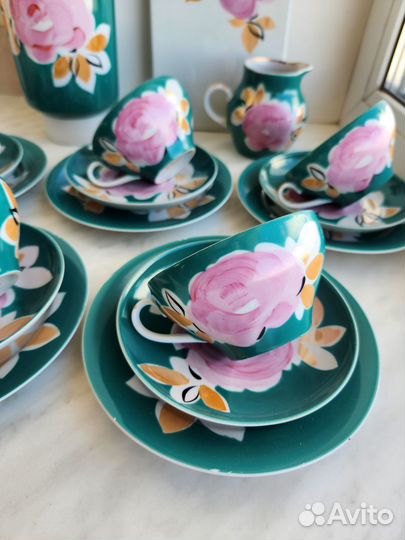 Красивый нежный сервиз агашки бирюзовое крытье