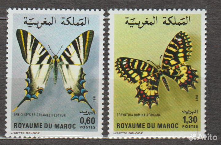 Фауна Бабочки Чистая серия 2 марки Марокко 1981