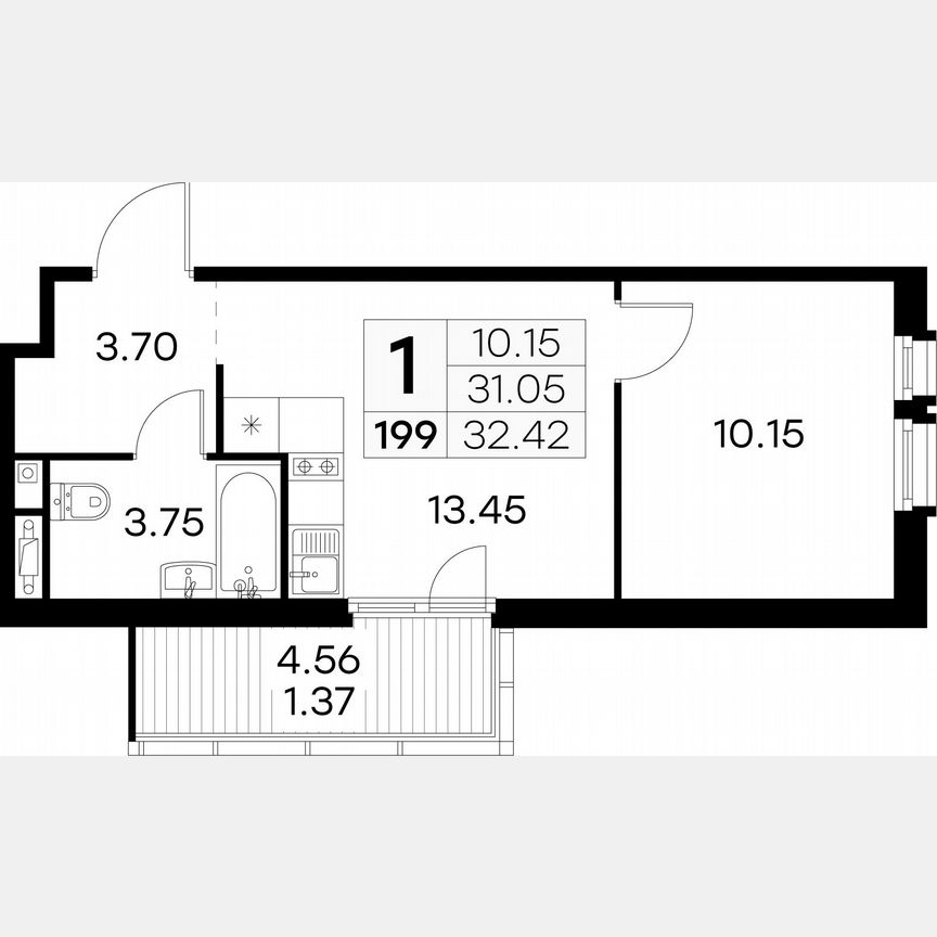 1-к. квартира, 32,4 м², 6/15 эт.