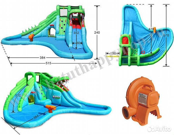 Надувной водный батут Happy Hop Крокодил 9517