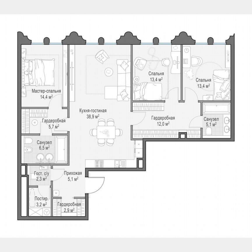 3-к. квартира, 123,2 м², 7/13 эт.